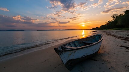 Old Wooden Boat on Sandy Beach with Sunrise Reflections and Clouds : Generative AI