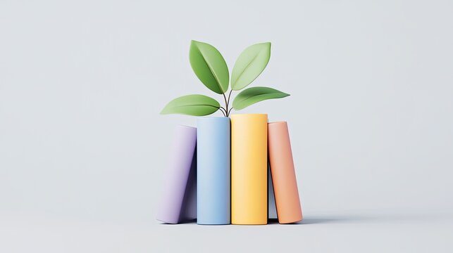 Colorful books arranged with a green plant sprouting from the top, symbolizing growth and knowledge