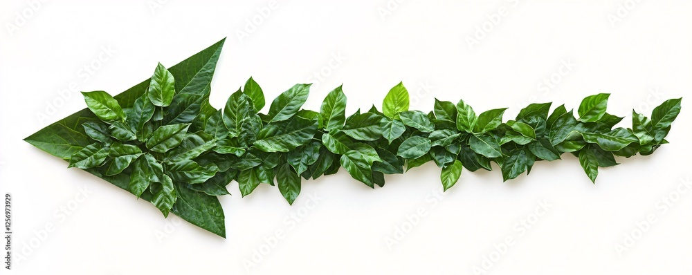 Poster green leaves forming an arrow pointing to the right on white background