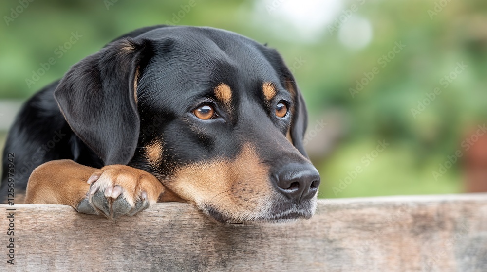 Poster thoughtful dog looking with deep eyes while resting on wooden barrier in nature : generative ai