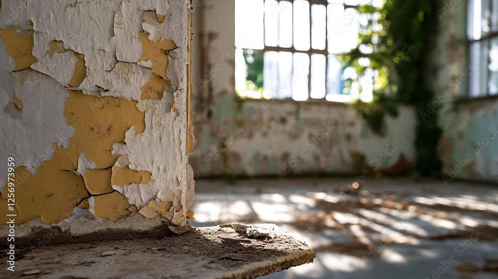 Poster Interior of abandoned building with peeling paint and sunlight filtering through windows : Generative AI