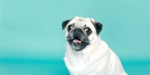 Happy Pug Dog with Playful Expression on Turquoise Background