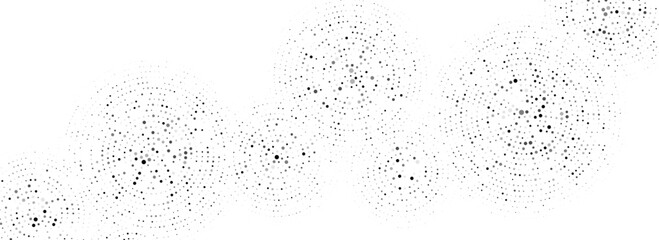 Black dotted concentric circles pattern. Rippled sound wave rings background. Radial halftone abstract drops wallpaper. Circular particle texture for flyer, poster, presentation. Vector backdrop