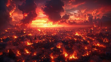 Naklejka premium Fiery Sunset Over Burning Cityscape