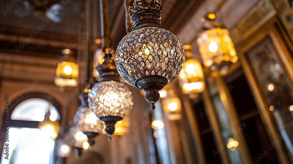 Poster Beautifully crafted decorative lanterns illuminated in a vintage setting creating an enchanting atmosphere : Generative AI