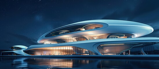 Obraz premium Futuristic waterfront mansion at night, illuminated with soft lights reflecting on the water.
