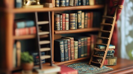 Miniature Library with Wooden Shelves and Classic Books Display