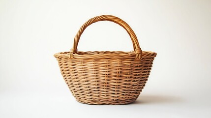 Simple light brown wicker basket on plain background.  Possible use for  food storage or picnic