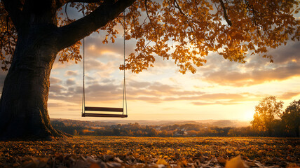 An Old Wooden Swing Hanging from a Majestic Oak Tree in a Serene Setting