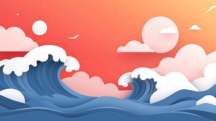 Stylized Ocean Waves Sunset Cloudscape Art