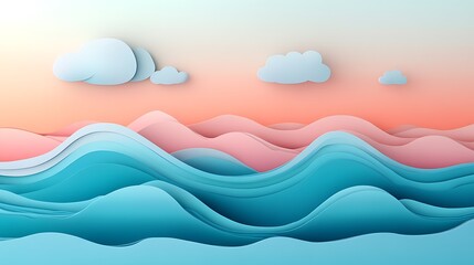 Serene Papercut Ocean Waves Under Pastel Sky
