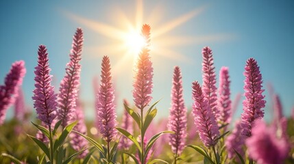 Obraz premium Vibrant field of pink flowers under a bright sun, showcasing nature's beauty and tranquility