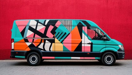 Van with striking, bold geometric patterns in vivid colors, sitting against a red urban wall, attention-grabbing design.