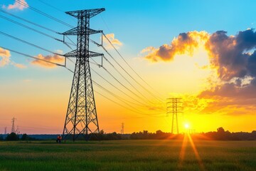 Power Lines Against a Vibrant Sunset Over Open Field Landscape