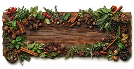 A beautifully arranged wooden table adorned with various herbs and spices, creating a vibrant culinary backdrop
