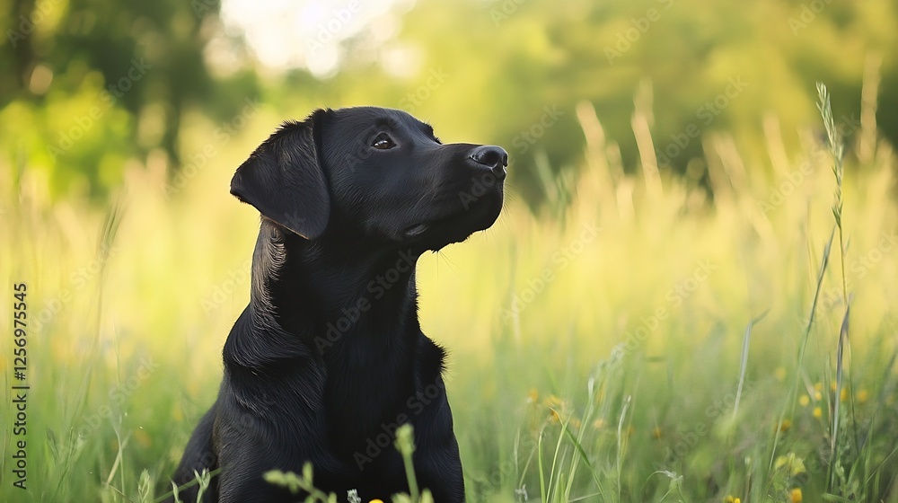 Poster black labrador dog sitting in a lush green field with soft natural light : generative ai
