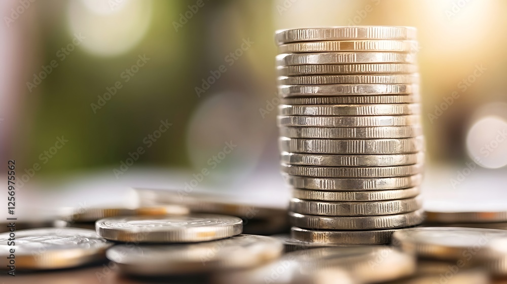 Poster Close Up of Stacked Coins on a Table with a Soft Blurred Background Reflecting Wealth and Economy : Generative AI