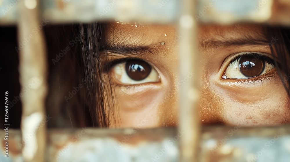Poster intense gaze of a young girl seen through rusty bars capturing emotion and longing : generative ai