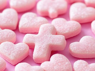 Obraz premium Pink Heart Shaped Candies and Cross on Magenta Surface