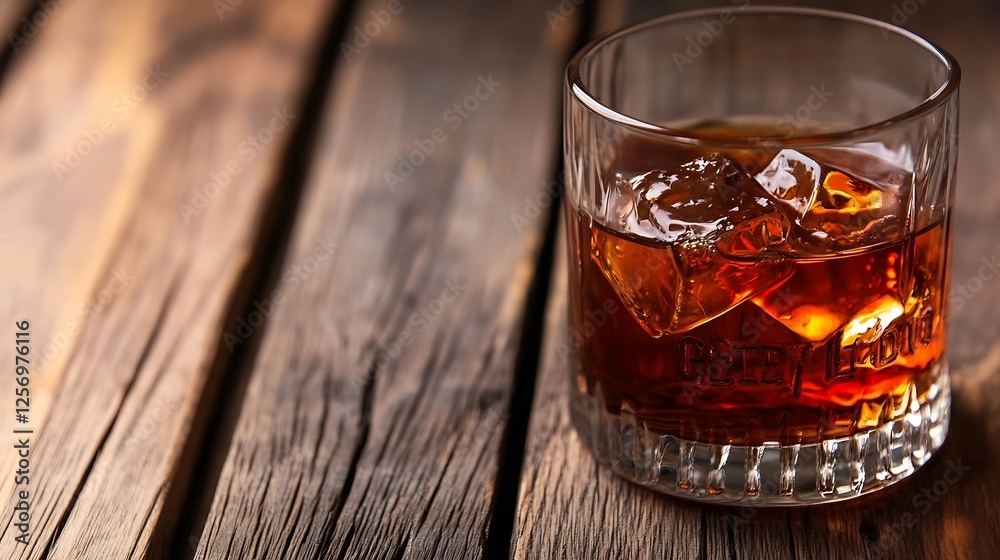 Poster fine whiskey with ice cubes in glass on rustic wooden table set for a cozy evening : generative ai