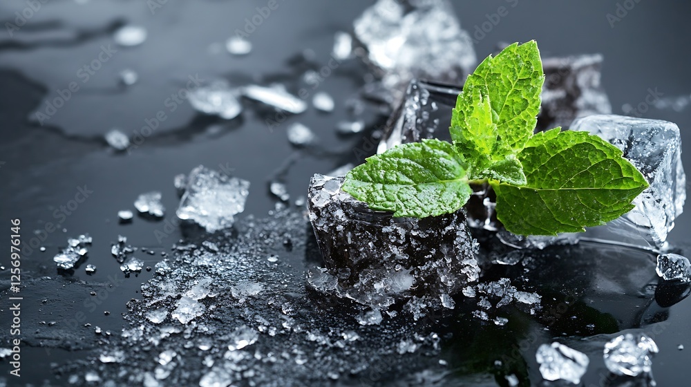Poster fresh mint leaves resting atop ice cubes on a dark surface with droplets of water highlighting fresh