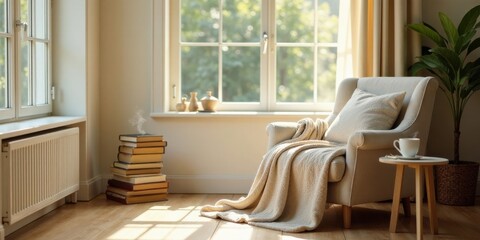 Sunlight streams through a window, illuminating a cozy armchair draped with a soft throw blanket, next to a stack of books and a warm beverage on a small side table.