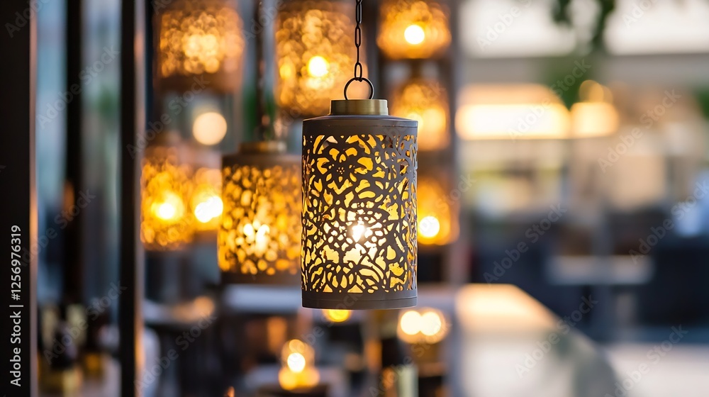 Aufkleber Beautiful lanterns in a modern setting creating a warm and inviting ambiance for evening gatherings : Generative AI