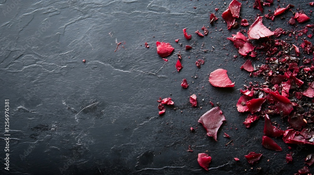 Poster scattered vibrant red rose petals on a dark stone surface for an artistic and romantic backdrop : ge