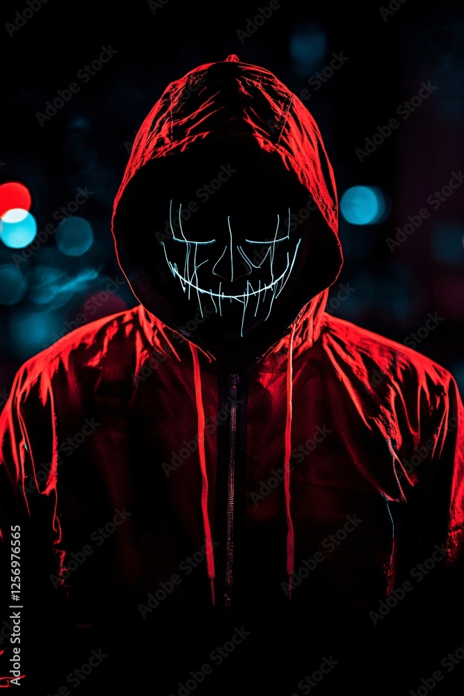 Poster Man is standing in the dark wearing a red hoodie and an led mask, creating a mysterious and cyberpunk atmosphere