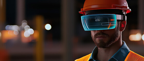 A construction worker wearing augmented reality goggles in a modern, illuminated environment, showcasing safety and technology integration.