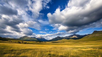 Wide open landscape view with rolling hills and dramatic clouds in a vibrant natural setting : Generative AI