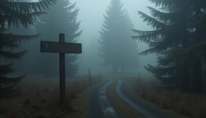 Misty Forest Crossroads with Wooden Signpost