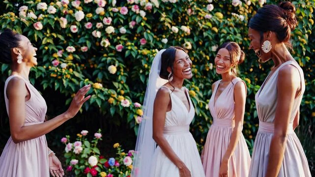 A joyful wedding video capturing bridesmaids and bride in elegant dresses, surrounded by blooming flowers, with a wide-angle camera angle.