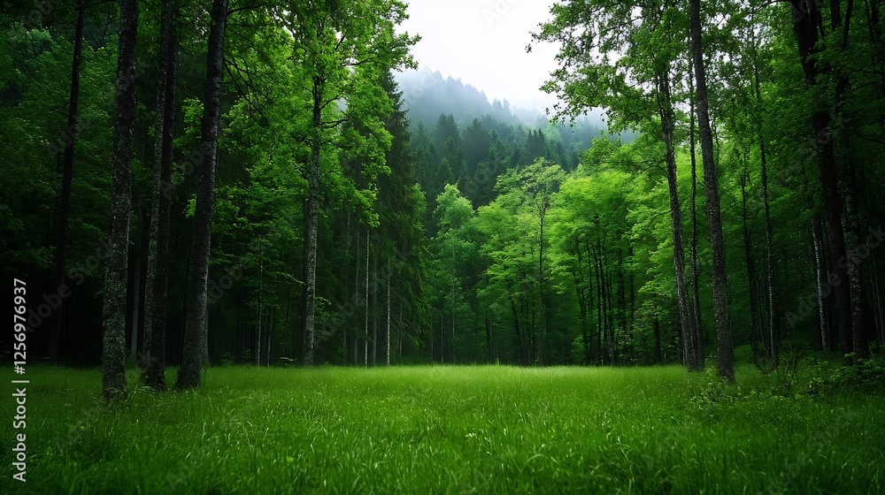 Poster Lush green forest with tall trees and thick grass creating a serene natural habitat : Generative AI