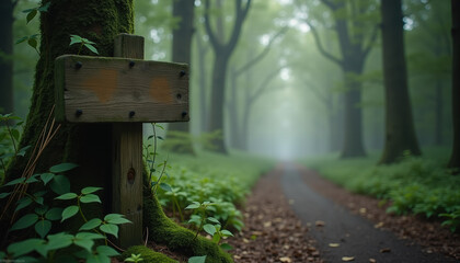 Misty Green Forest Path with Wooden Cross Marker