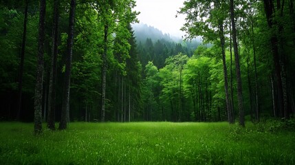 Lush green forest with tall trees and thick grass creating a serene natural habitat : Generative AI