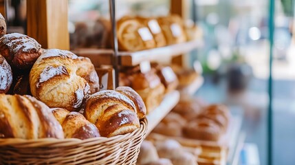 Freshly baked croissants and assorted bread displayed in a rustic bakery setting : Generative AI