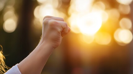 Symbolic image of a raised fist against a backdrop of warm sunlight representing strength and unity : Generative AI