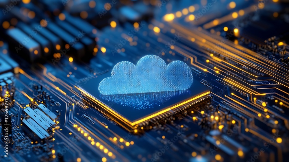 Poster a creative digital illustration of a cloud icon on a circuit board representing cloud computing tech