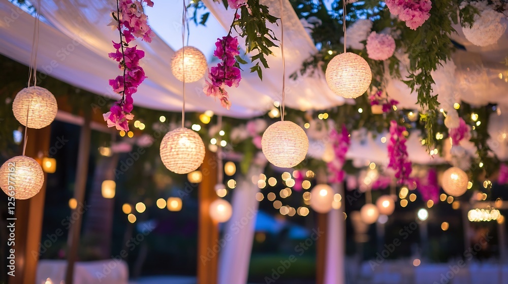 Poster charming event decoration featuring hanging lights and vibrant floral arrangements creating a festiv