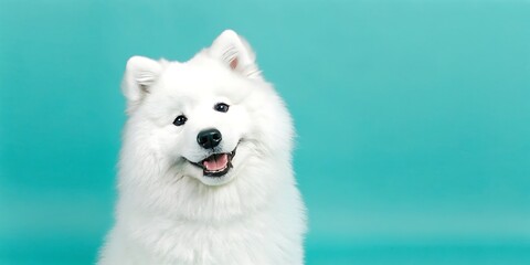 Fluffy White Samoyed Dog Smiling on Turquoise Background