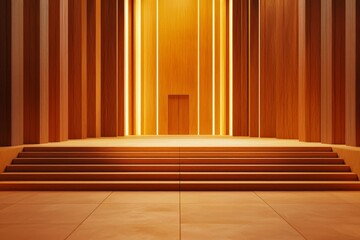 A minimalist stage design with a light wood and amber color palette, featuring a symmetrical composition of wooden slats and wide steps. The stage is bathed in soft sunlight