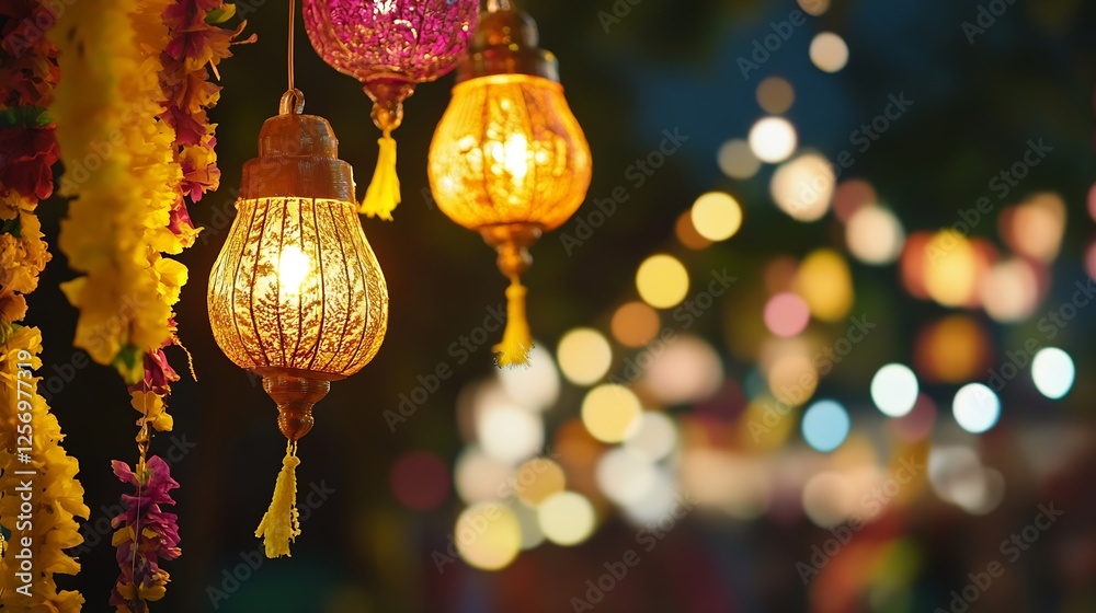 Poster exquisite colorful lanterns hanging beautifully illuminated against soft blurred background : genera