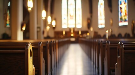 Fototapeta premium Stunning interior view of an empty church with wooden pews and colorful stained glass windows : Generative AI