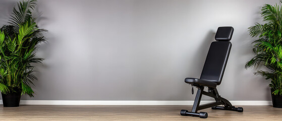 A sleek black workout bench is positioned against a gray wall, flanked by two green plants, creating a minimalistic fitness space.