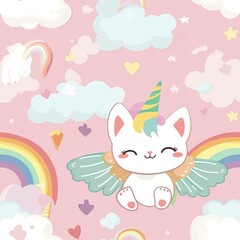 Unicorn cat with wings flying in the sky, with a rainbow and clouds with Pastel colors. Seamless pattern
