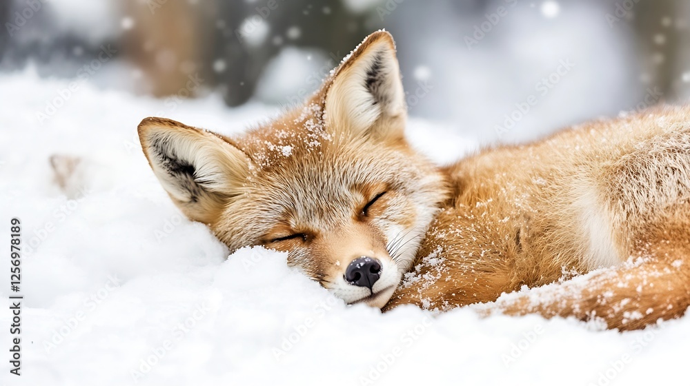Poster beautiful fox nestled in soft snow enjoying a peaceful winter's nap in a serene snowy landscape : ge