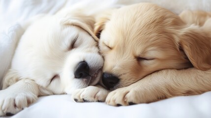 Fototapeta na wymiar Adorable golden retriever puppies sleeping together in a heartwarming embrace : Generative AI
