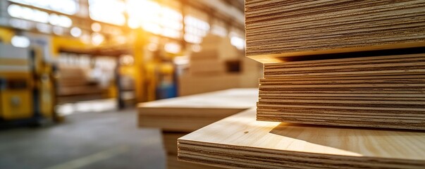 Obraz premium Plywood Sheets: Manufacturing Process, Wood Veneer Layers, Construction Material, Industrial Production, Stacked Wood