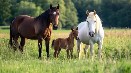 Fototapeta premium Beautiful group of horses including a mare and foal grazing peacefully in a lush green meadow under natural sunlight : Generative AI